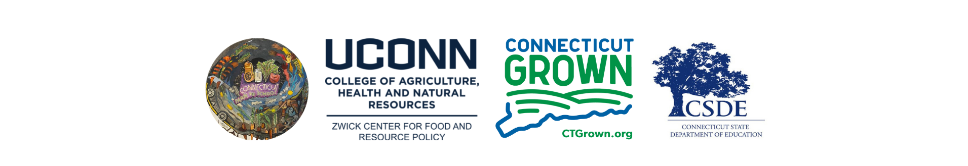 Logos of: CT Farm to School Collaborative, UConn Zwick Center, CT Department of Agriculture, and CT State Department of Education Logo