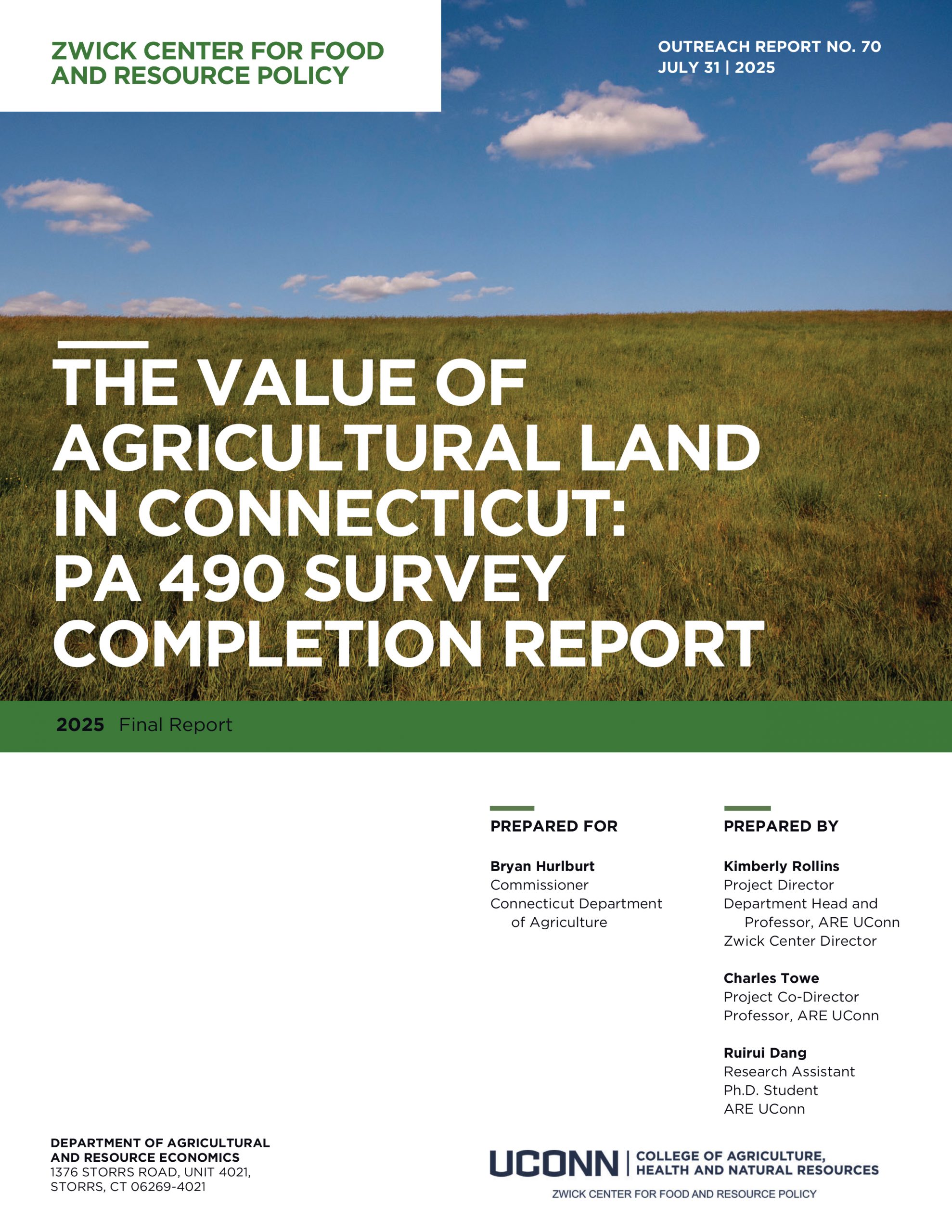 Cover ofThe Value of Agricultural Land in Connecticut: PA490 Survey Completion Report